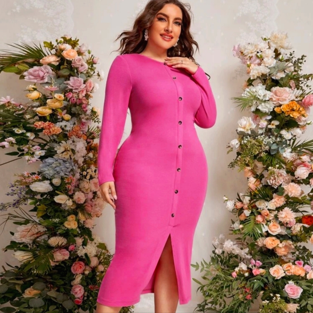 NWT SHEIN Pink Buttoned Rib-Knit Dress